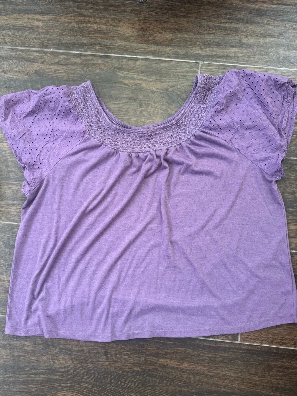 Cato Purple Smocked Scoop Neck Eyelet Sleeve Top Boho Tee 22/24